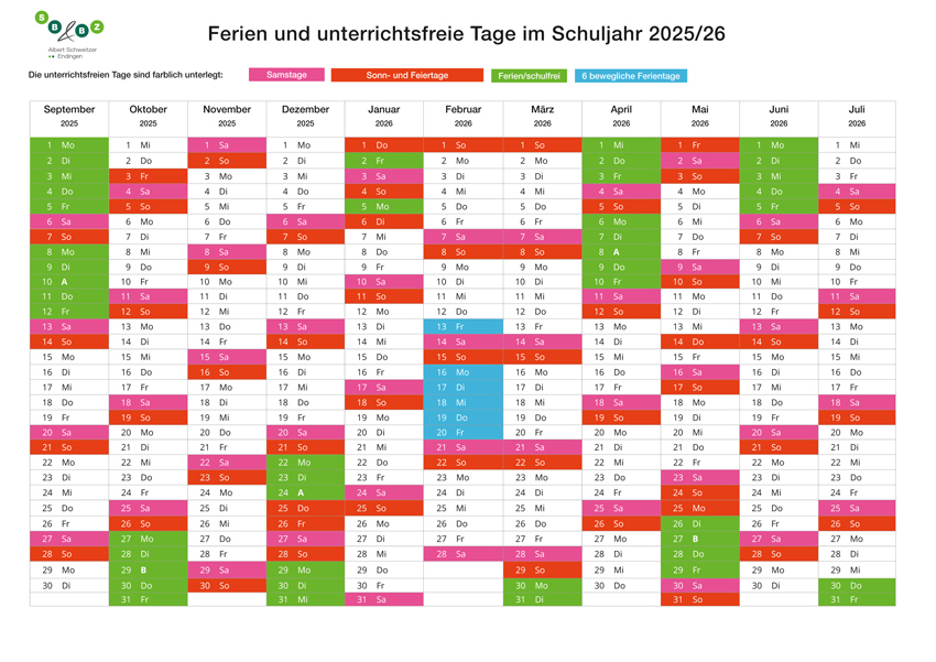 Ferienkalender - Übersicht der Ferien und unterrichtsfreien Tage im Schuljahr 2025/26
